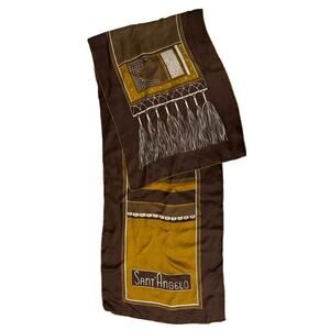 VTG Giorgio Di Sant' ANGELO Brown Gold Silk Scarf Fringe Print Oblong 70s Unisex